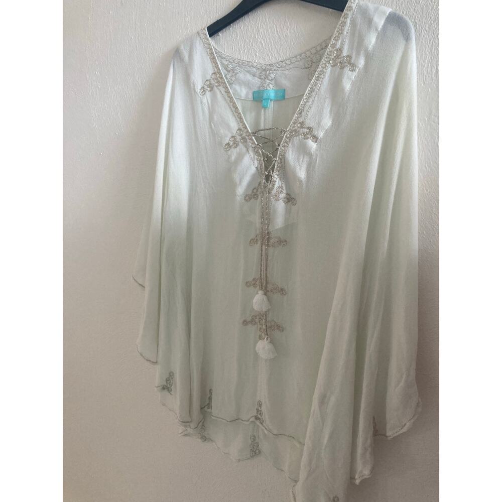 Melissa Odabash Mint Ivory Tunic Kaftan Cover up Sparkle Embroidery 100% Cotton
